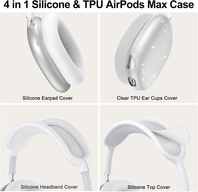 MINDRESY [4 in 1] Silicone Case Cover for AirPods Max,Clear Soft TPU Ear Cups Cover/Ear Pad Case/Headband Cover for AirPods Max(2024/2020),Transparent Accessories for Apple AirPod Max (USB-C),Glitter White - Image 4